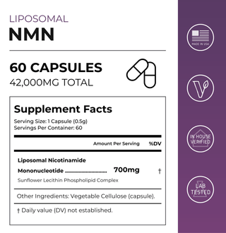 Liposomal NMN Capsules supplement facts label showing 60 capsules and 700mg dosage for improved absorption.