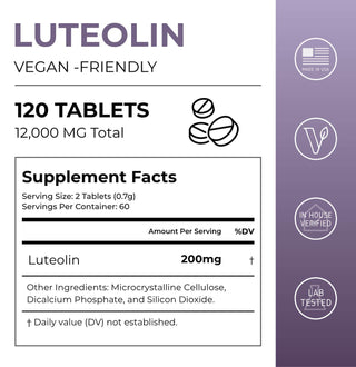 Luteolin Tablets supplement facts, 12,000mg total, 200mg per two capsules serving.