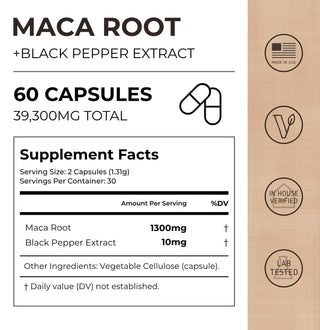 Supplement Facts for Maca Root with Black Pepper Extract showing 60 capsules, 39,300mg total, and per-serving amounts.