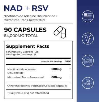 NAD + Resveratrol Capsules Supplement Facts showing 90 capsules of Nicotinamide Adenine Dinucleotide and Trans-Resveratrol.