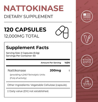 Nattokinase Capsules dietary supplement label showing 120 capsules and supplement facts for heart health.