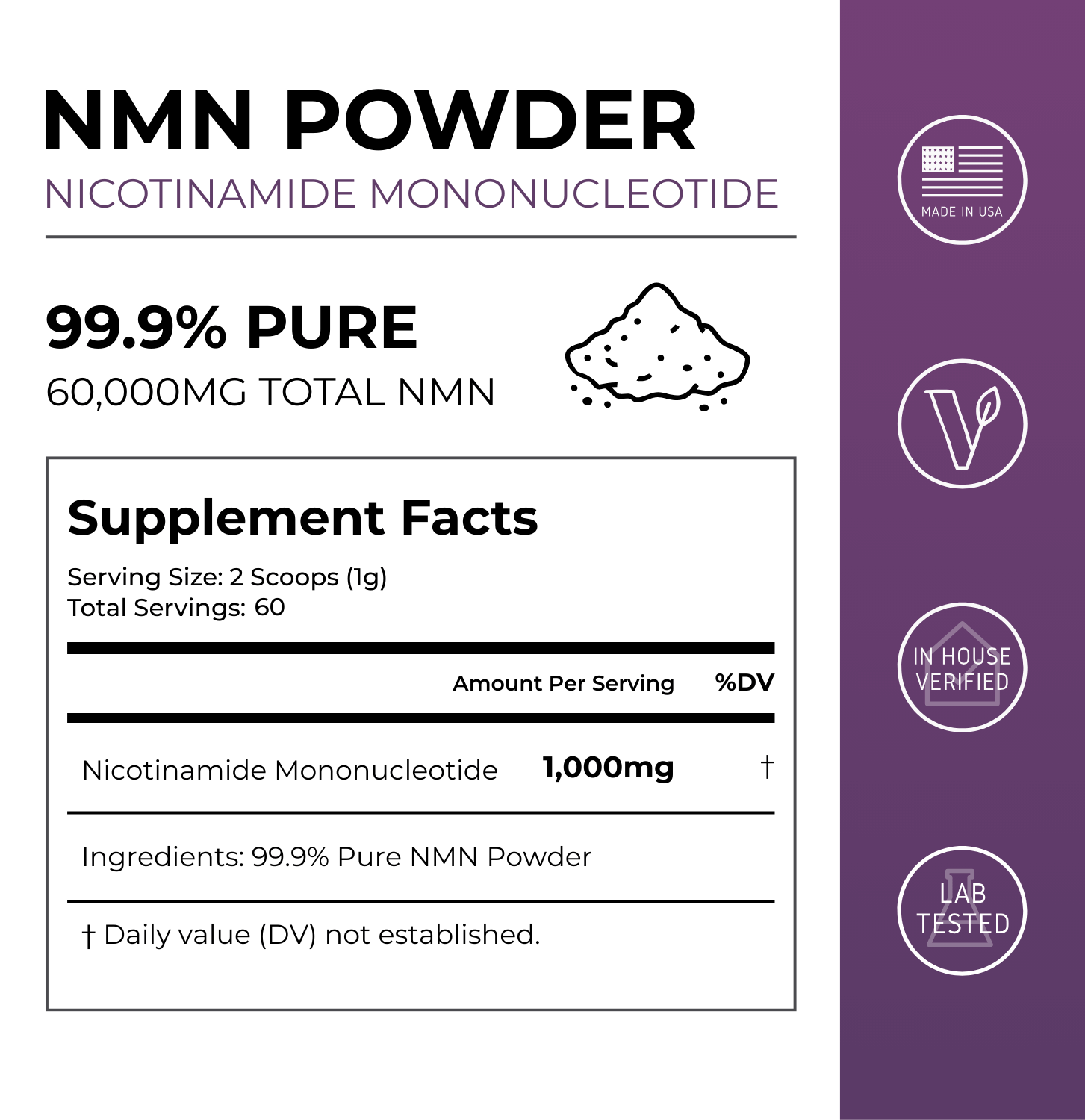 Pure NMN Powder (Nicotinamide Mononucleotide) | 60g Pure NMN Powder (Nicotinamide Mononucleotide) | 60g