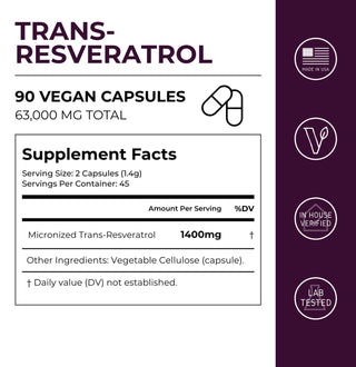 Trans-Resveratrol supplement facts label, 90 vegan capsules, 63,000mg total, 1,400mg per serving, made in USA, lab tested.