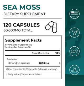 Sea Moss Supplement Facts showing 120 capsules, 60,000mg total, 2000mg per serving, plus ingredient list