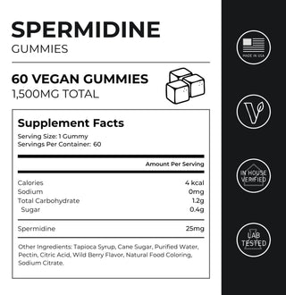 Spermidine Gummies Supplement facts, 1500mg total, 25mg per gummy, 60 count, full ingredient list, and dosage instruction.