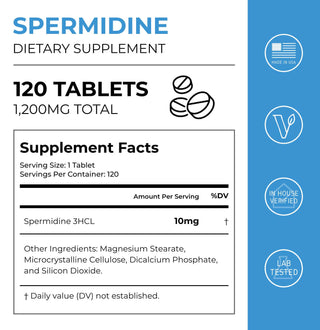 Spermidine Tablets 1200MG supplement facts label with dosage information and ingredients