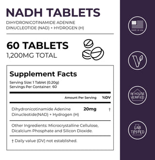 NADH Tablets supplement facts, 1200mg total, 20mg per tablet.