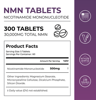 NMN Tablets product label showcasing 30000mg total NMN, serving facts, and ingredients for cellular health.
