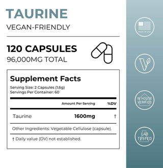 Taurine Capsule supplements facts, 1600mg per two capsule serving, 96000 mg total, 120 capsules