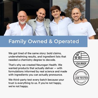 Neurogan Health founders, a family-owned and operated business, with USA made and lab-tested potency seals.