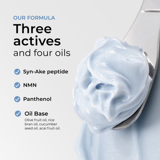 Syn-Ake Peptide Face Cream formula: three actives, Syn-Ake peptide, NMN and panthenol, in an olive, rice bran, cucumber seed and acai oil base.