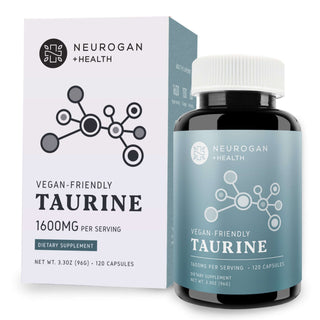 Neurogan Taurine Capsules 1,600 mg - Blue-labeled bottle with a white box, vegan-friendly, 120 capsules, 3.3 oz.