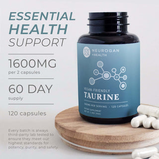 Open bottle on a wooden tray with dosage info of 1600mg per serving, and white capsules nearby.