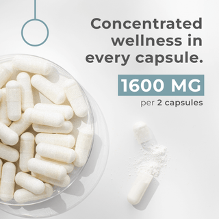 Opened taurine capsule, highlighting concentrated 1600mg per 2 capsule serving