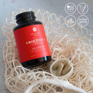 Urolithin A capsules in a jar on a natural backdrop, emphasizing lab-tested quality and high purity.