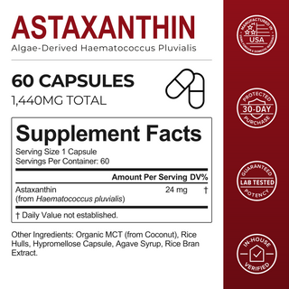 Supplement Facts panel for Neurogan Health Astaxanthin Capsules: 24 mg astaxanthin per capsule, 60 capsules, 1,440 mg total