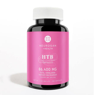 Neurogan HTB Capsules in a pink labeled bottle, 86,400mg total Himalayan Tartary Buckwheat, 1440mg per serving, 120 capsules.