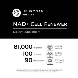 NAD+ Cell Renewer label with 81,000 mg total, 100% vegan, 90-day supply, for cellular health, energy boost, and immune support*.