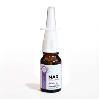 NAD Nasal Spray bottle with 10mg per spray, designed to boost cellular energy and support mental health.