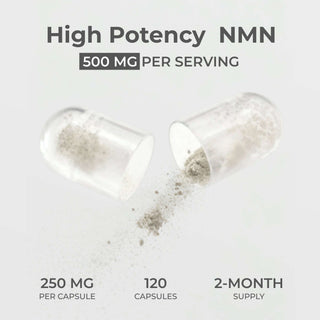 High Potency NMN Capsules 500MG per serving, showing 250 mg per capsule in a 120 capsule 2-month supply.