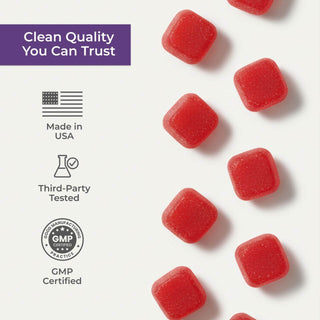 NMN Gummies shown with clean quality attributes including GMP certification and third-party testing.