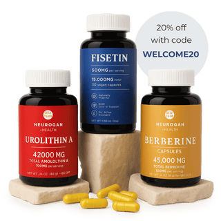 Neurogan health products: Urolithin A, Fisetin, and Berberine capsules with promo code for 20% off.