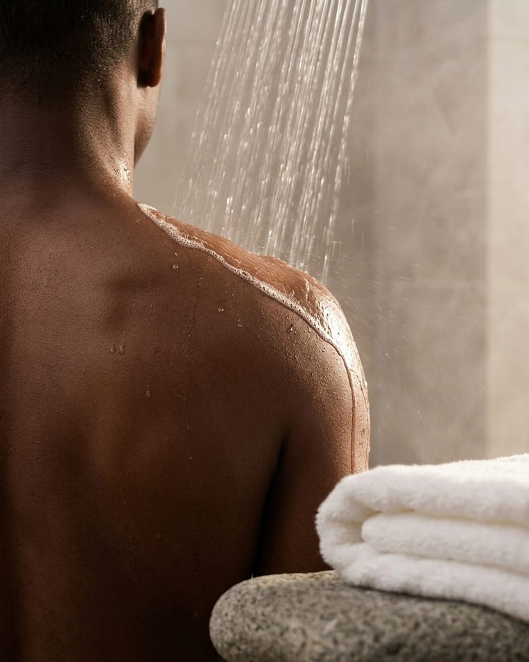 Water rinsing lather off a shoulder, with a folded towel