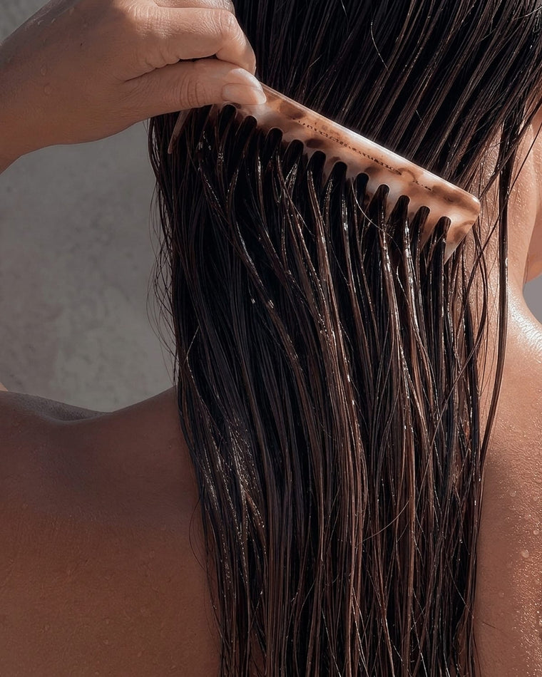 A wide-tooth comb running through conditioned wet hair