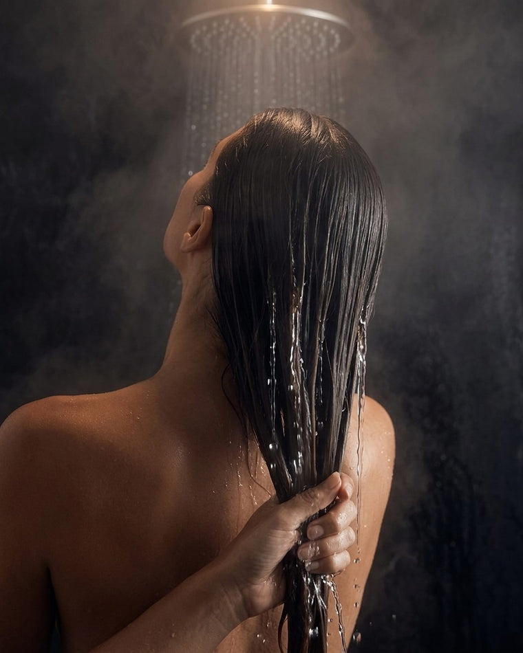 Rinsing conditioner out of long hair under a rain shower