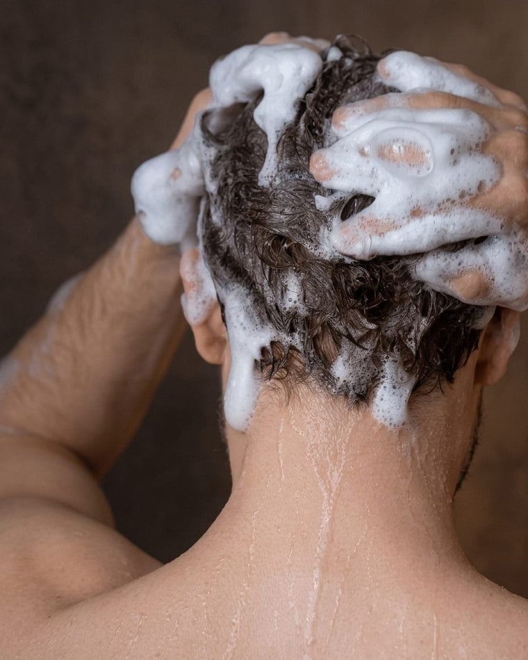 Shampoo lather being massaged into the scalp
