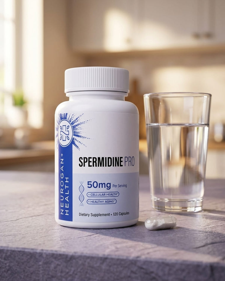 Spermidine Pro bottle beside a glass of water on a stone counter