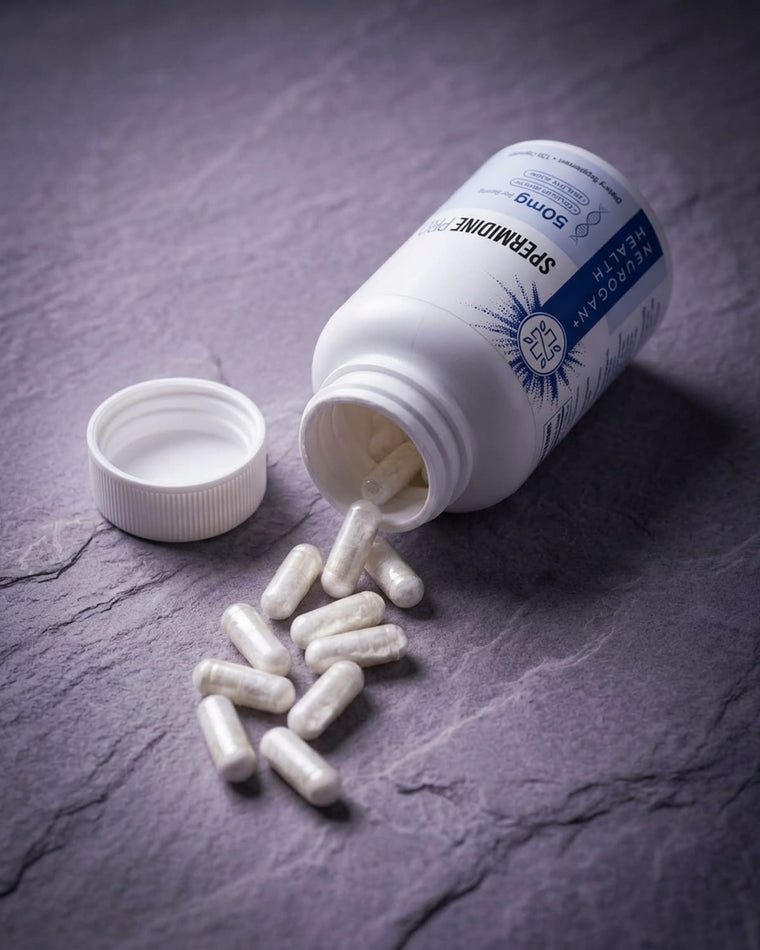 An open Spermidine Pro bottle with capsules on slate