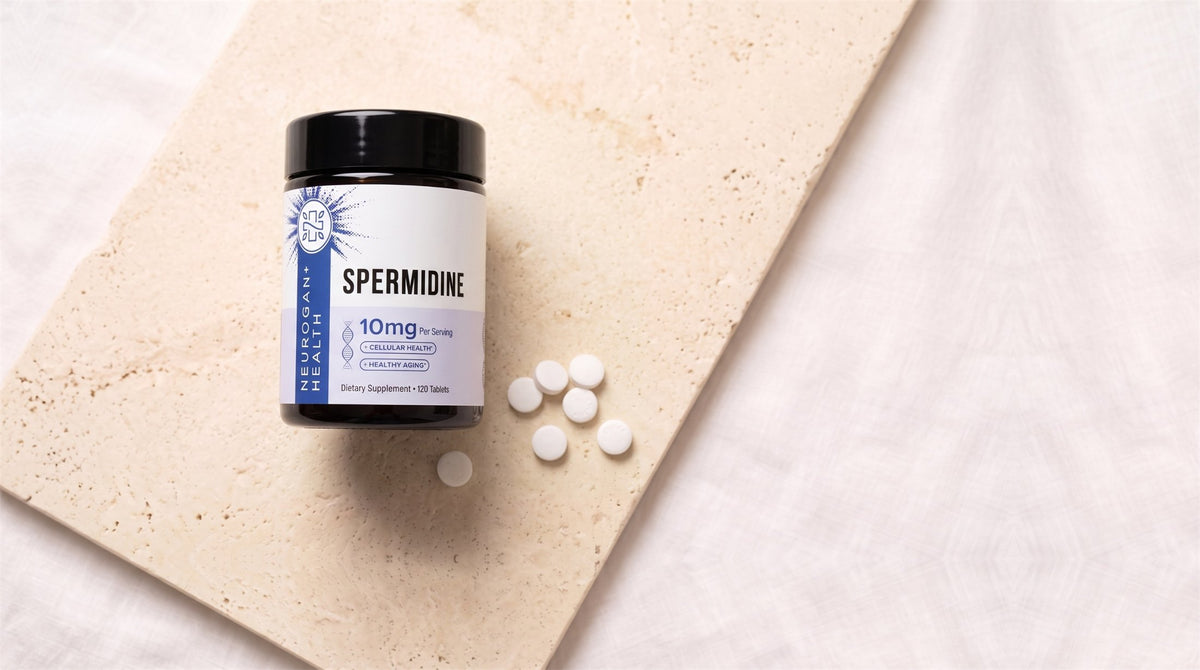 Spermidine Tablets jar on a pale ivory travertine slab beside white tablets