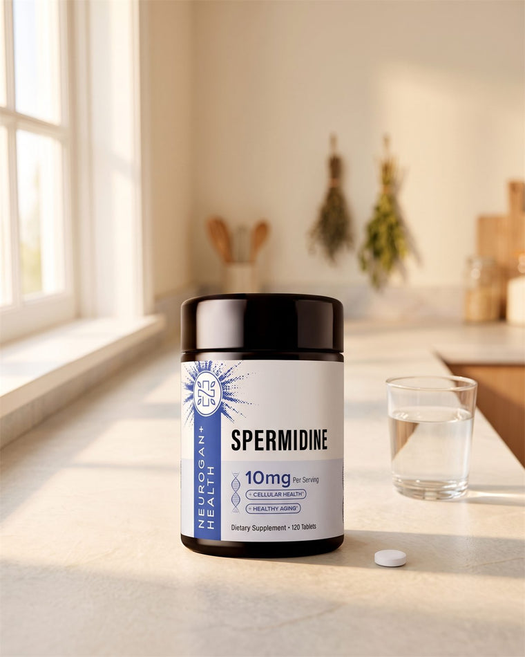 Spermidine Tablets jar beside a glass of water on a sunlit kitchen counter