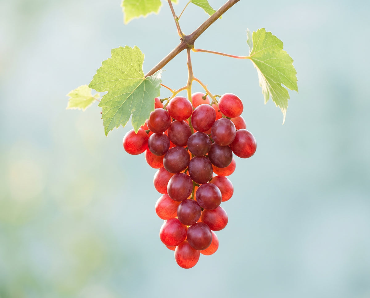 A bunch of red grapes on the vine in soft morning light