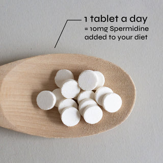 One tablet a day providing 10mg of spermidine, with multiple tablets displayed on a wooden plate.