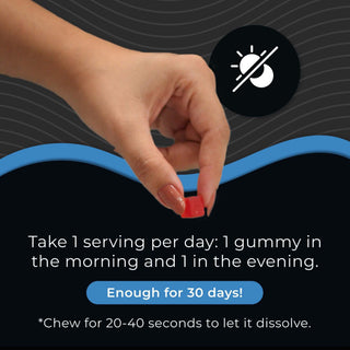 Recommended use for Spermidine gummies: chew 1 gummy morning and evening, shown in hand, wild berry flavor.