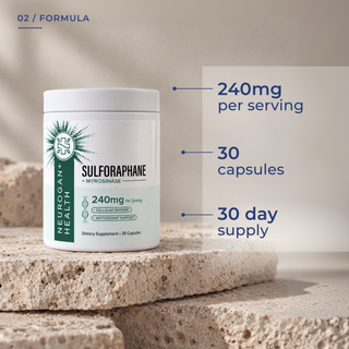 Neurogan Health Sulforaphane Pro jar on stone steps beside 240mg per serving, 30 capsules, 30 day supply