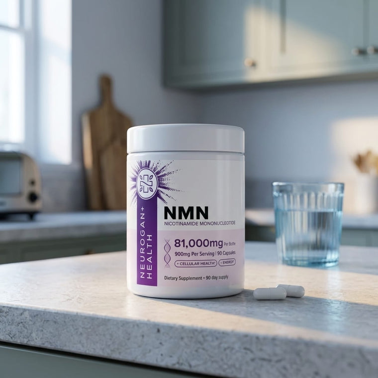 NMN Capsules 900 mg jar on a kitchen counter beside a glass of water