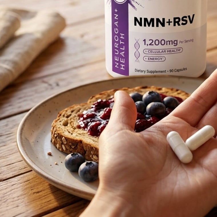 A hand holding two white capsules above a breakfast plate, NMN + Resveratrol jar behind