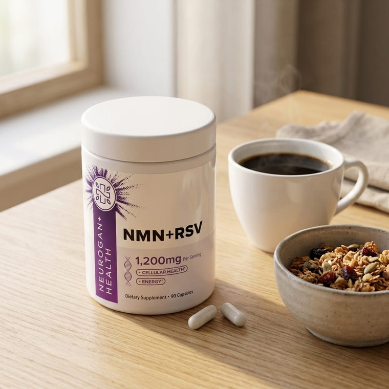 NMN + Resveratrol jar on a breakfast table beside a cup of coffee and granola