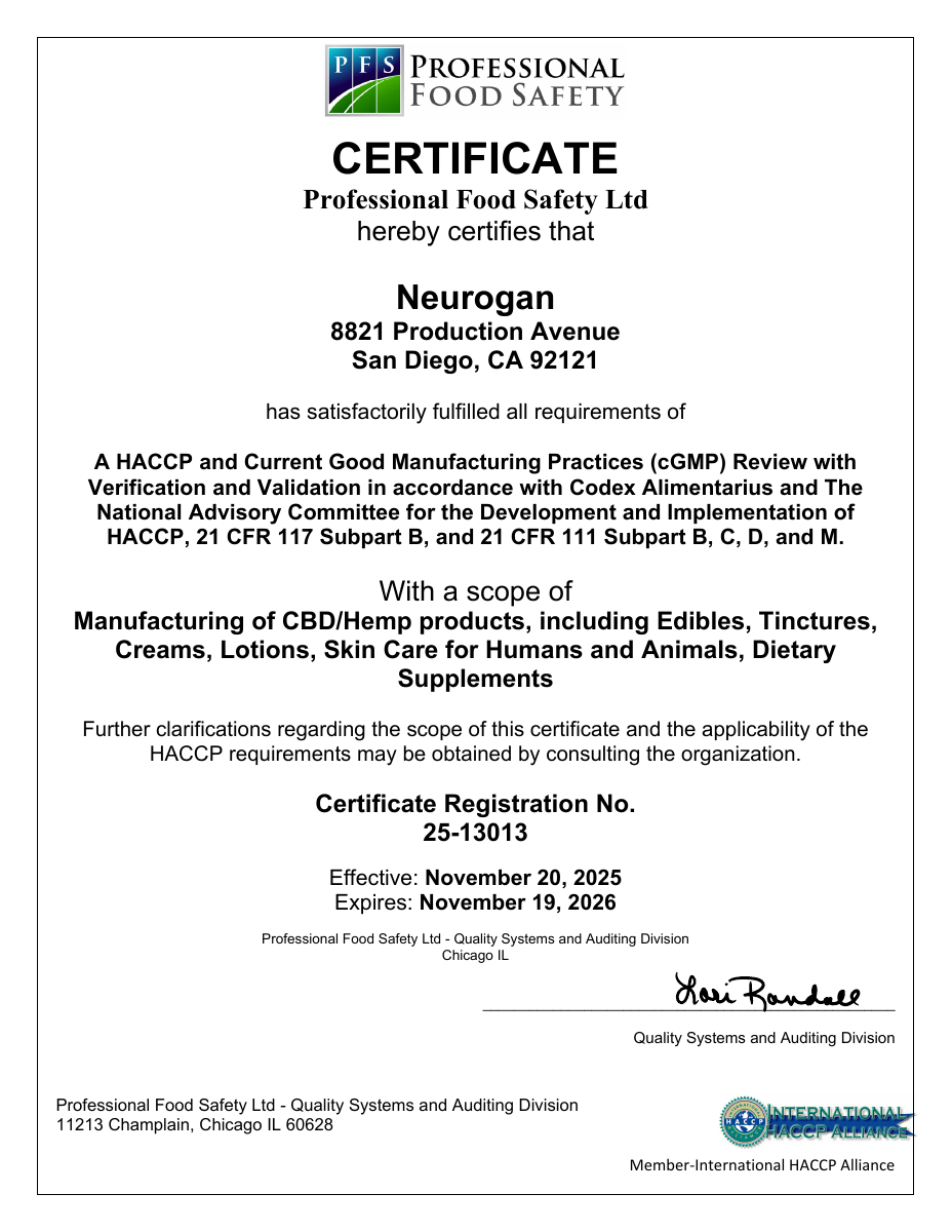 Professional Food Safety Ltd certificate 25-13013 for Neurogan at 8821 Production Avenue, valid through November 19, 2026